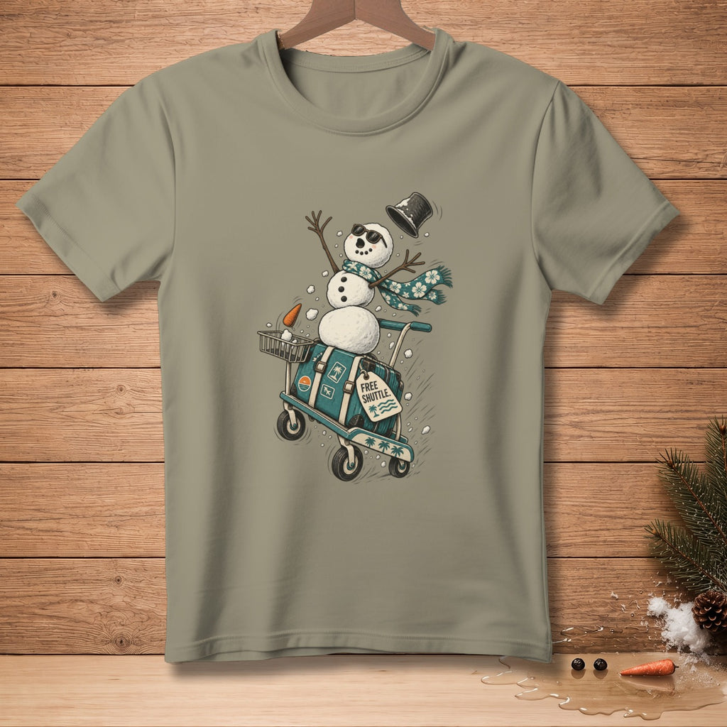Snowman with sunglasses and top hat on luggage cart with "Free Shuttle" tag.