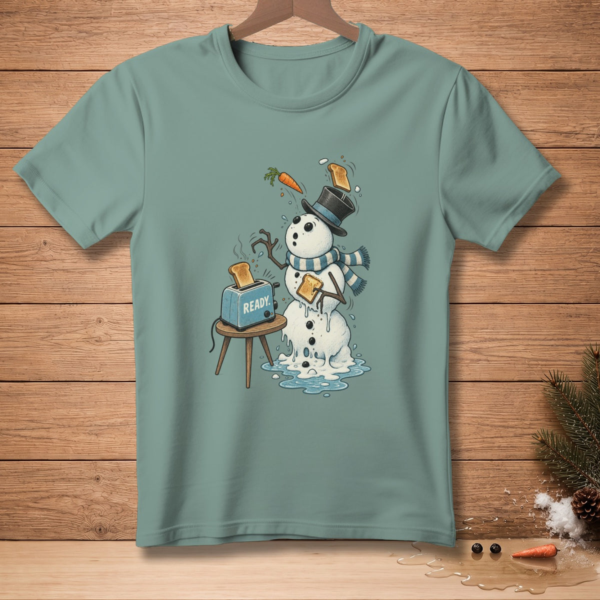 Melting snowman with toast popping from a blue "READY." toaster.