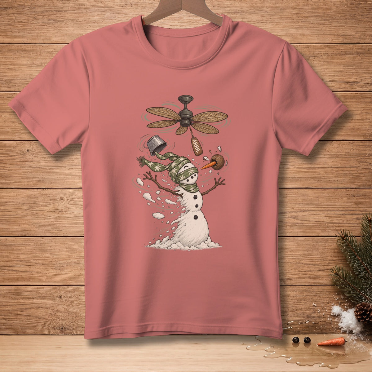 Snowman melting under a ceiling fan with a bucket and "AHHH" tag falling.