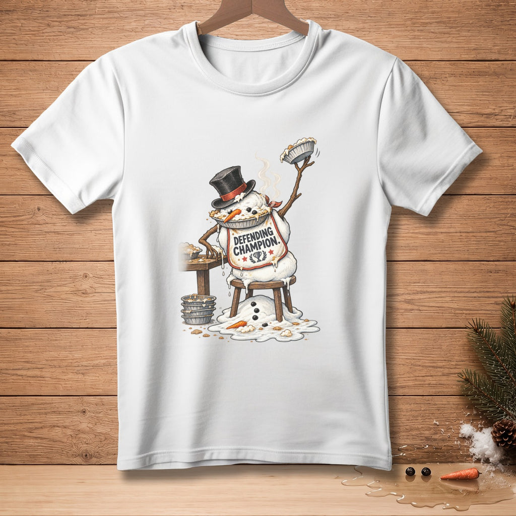 Snowman in a top hat, wearing a bib that says "Defending Champion," holding a pie.