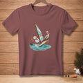 Snowman and pelican windsurfing with carrot sail and scarf.