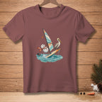 Snowman and pelican windsurfing with carrot sail and scarf.