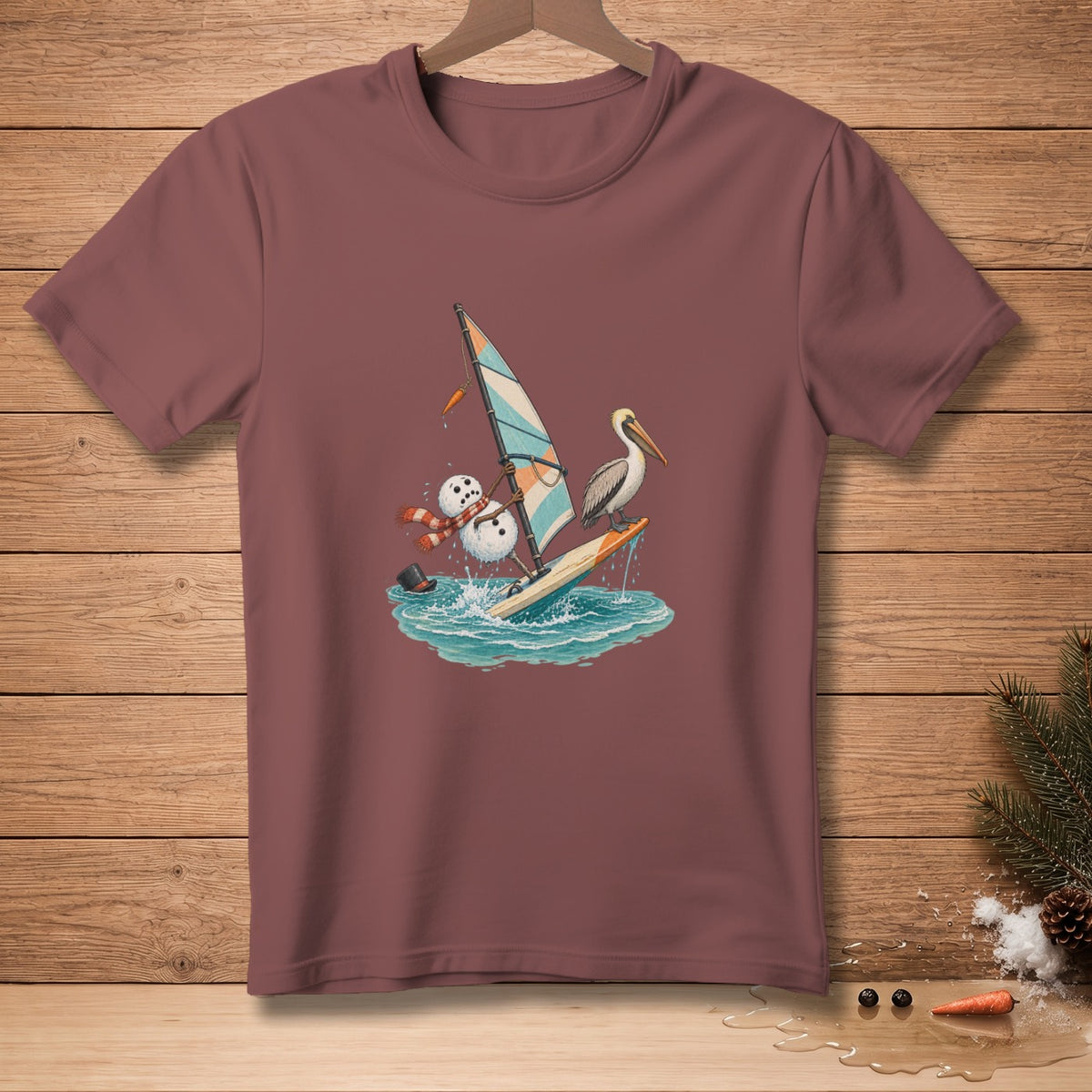 Snowman and pelican windsurfing with carrot sail and scarf.