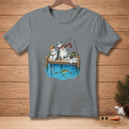 Two snowmen fishing from a dock with a small fish in the water below.
