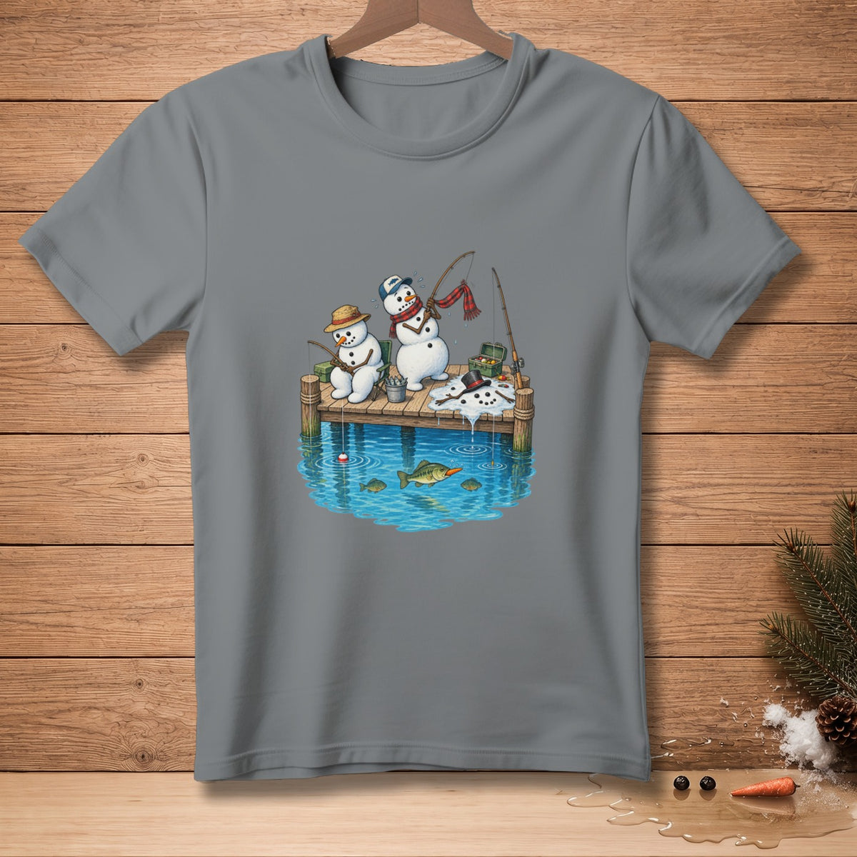 Two snowmen fishing from a dock with a small fish in the water below.