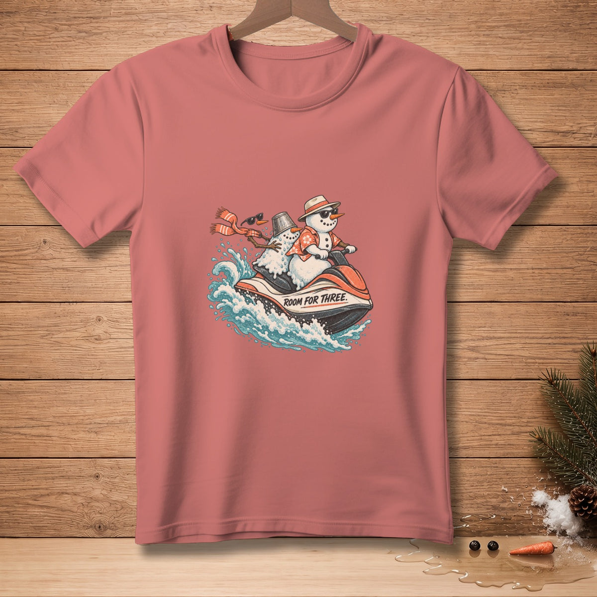 Two snowmen ride a jet ski with the text "ROOM FOR THREE."