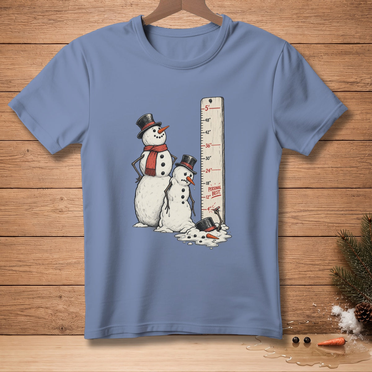 Two snowmen stand next to a height chart with "PERSONAL BEST" labeled.