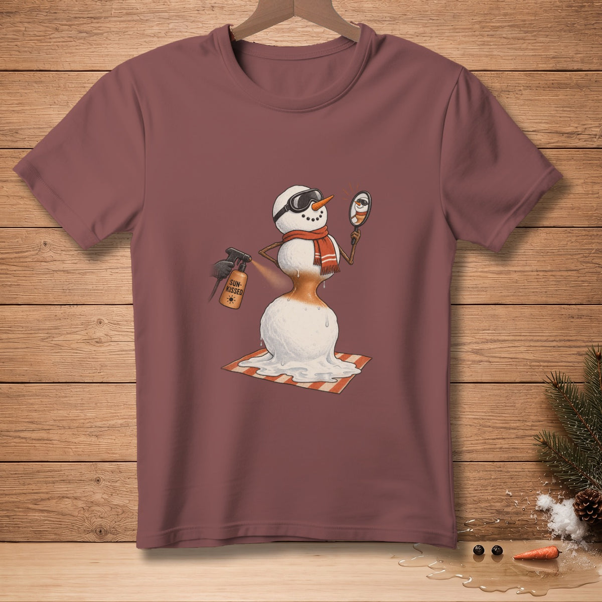 Snowman with sunglasses spraying "Sun-Kissed" tanning spray, melting slightly on a towel.