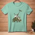 Snowman riding a turtle playing polo with "FAST BREAK" on the mallet.
