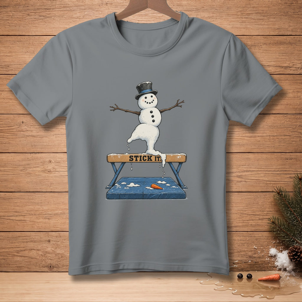 Snowman in top hat performing gymnastics on a balance beam with "STICK IT" text.