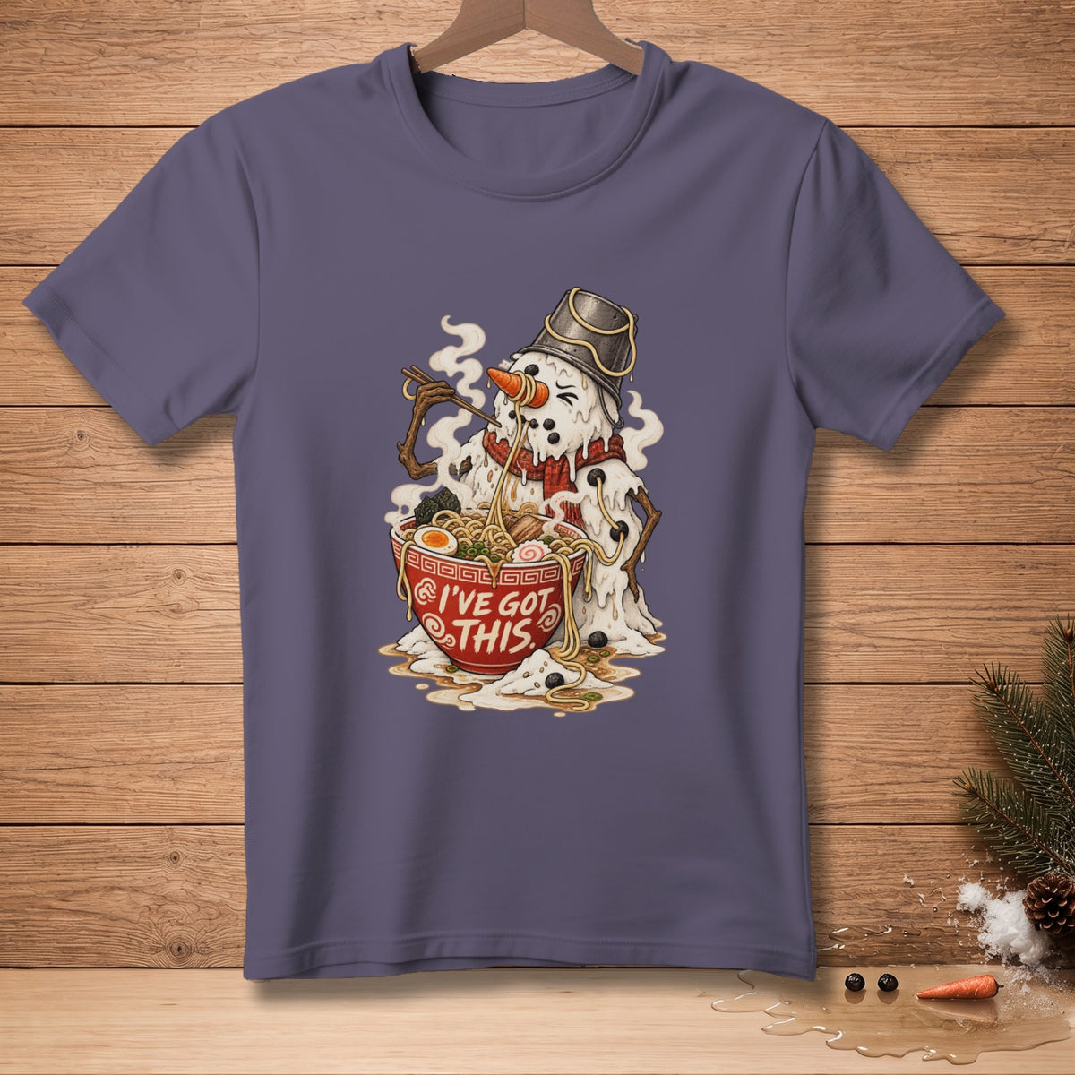 Melting snowman eating ramen with text "I'VE GOT THIS".
