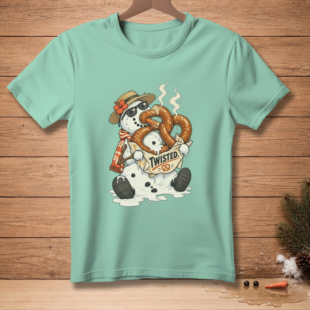 Snowman wearing sunglasses and straw hat, melting while holding pretzels and a sign that says "Twisted".