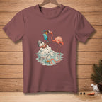 Flamingo shares a tropical drink with a melting snowman.