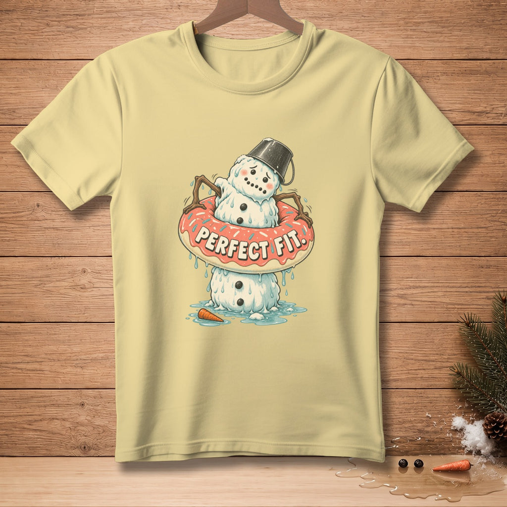 Melting snowman in a donut float with text "PERFECT FIT."