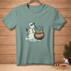 Melting snowman wearing sunglasses drinks from a coconut with the word Paradise.