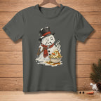 Melting snowman with a hat and scarf eating mashed potatoes from a bowl.