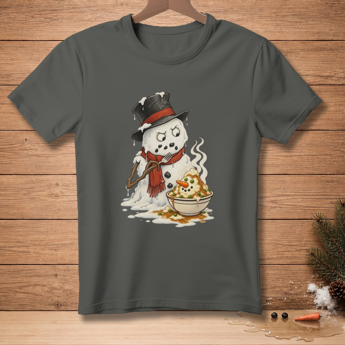 Melting snowman with a hat and scarf eating mashed potatoes from a bowl.