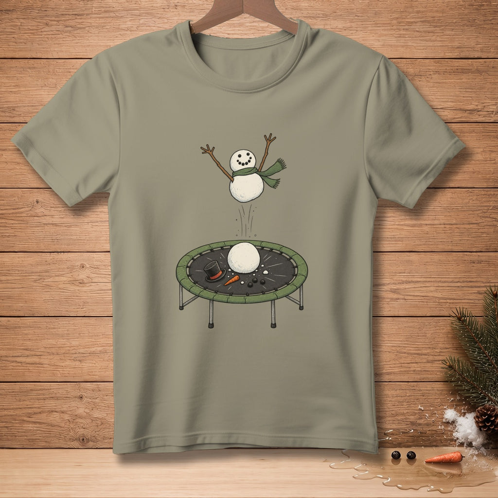 Snowman with green scarf jumping on a trampoline with hat and carrots.