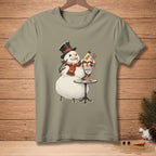 Snowman in hat and scarf eats ice cream sundae with "DIGNITY" text on glass.