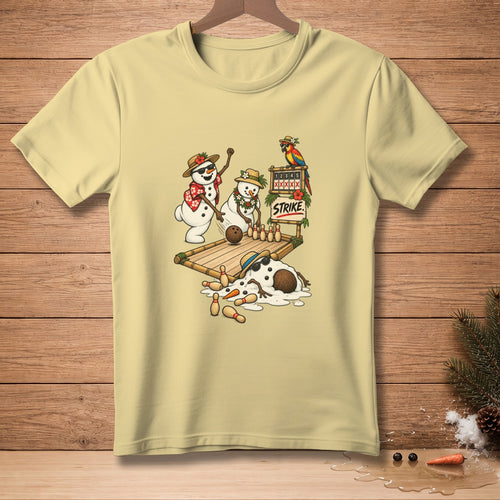 Snowmen bowling with a parrot and a "STRIKE" sign, one snowman melting.