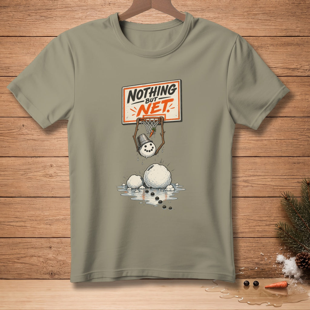 Snowman dunking basketball into hoop with text "Nothing But Net."