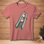 T-shirt with melting snowmen on an escalator, "Going Up" sign.