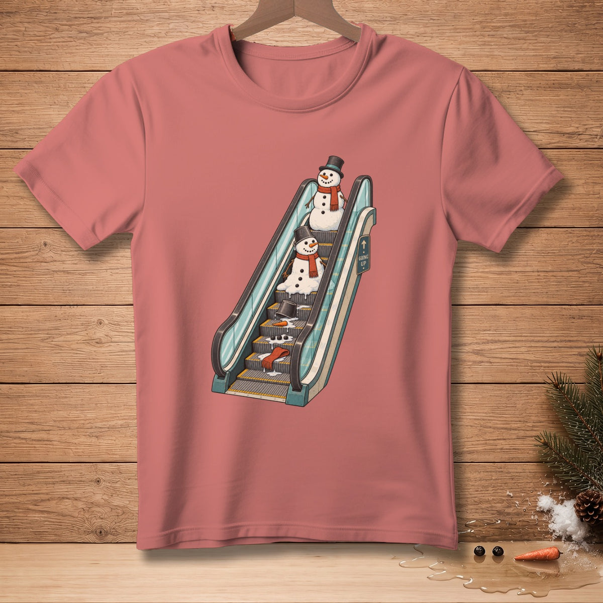 T-shirt with melting snowmen on an escalator, "Going Up" sign.