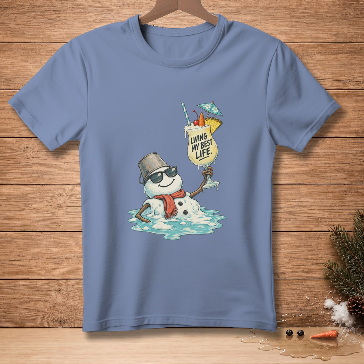 Melting snowman wearing sunglasses and scarf, holding a tropical drink with text "LIVING MY BEST LIFE".