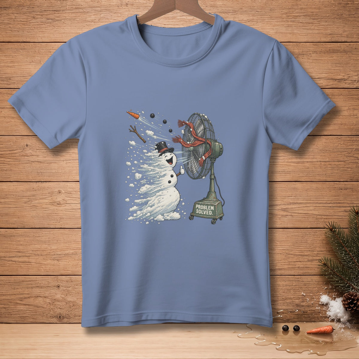 Snowman melting in front of fan with text "PROBLEM SOLVED."