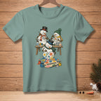 Three snowmen painting with colorful flowers, "HANDMADE" text on palette.