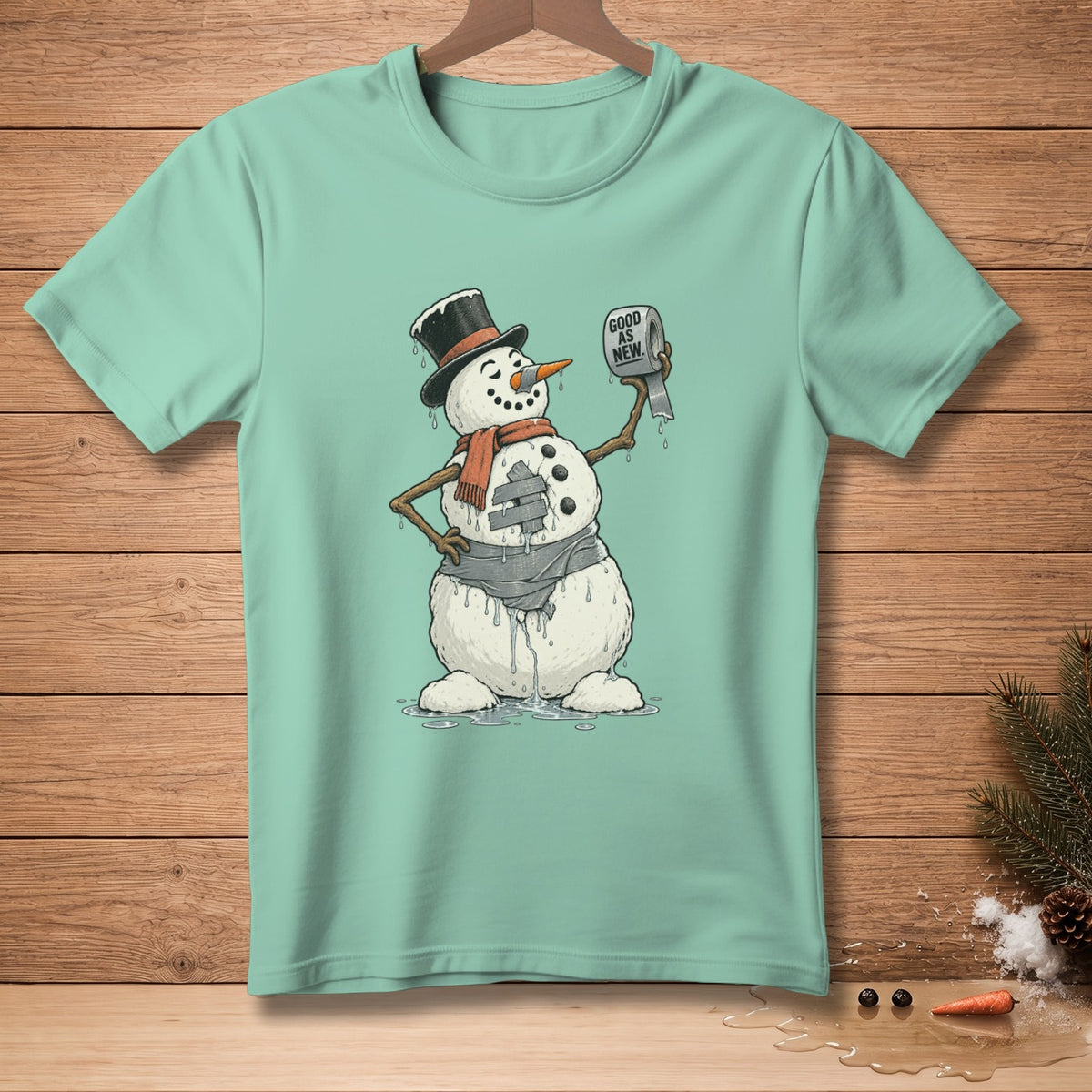 Melting snowman in top hat holds toilet paper roll reading "Good as New."