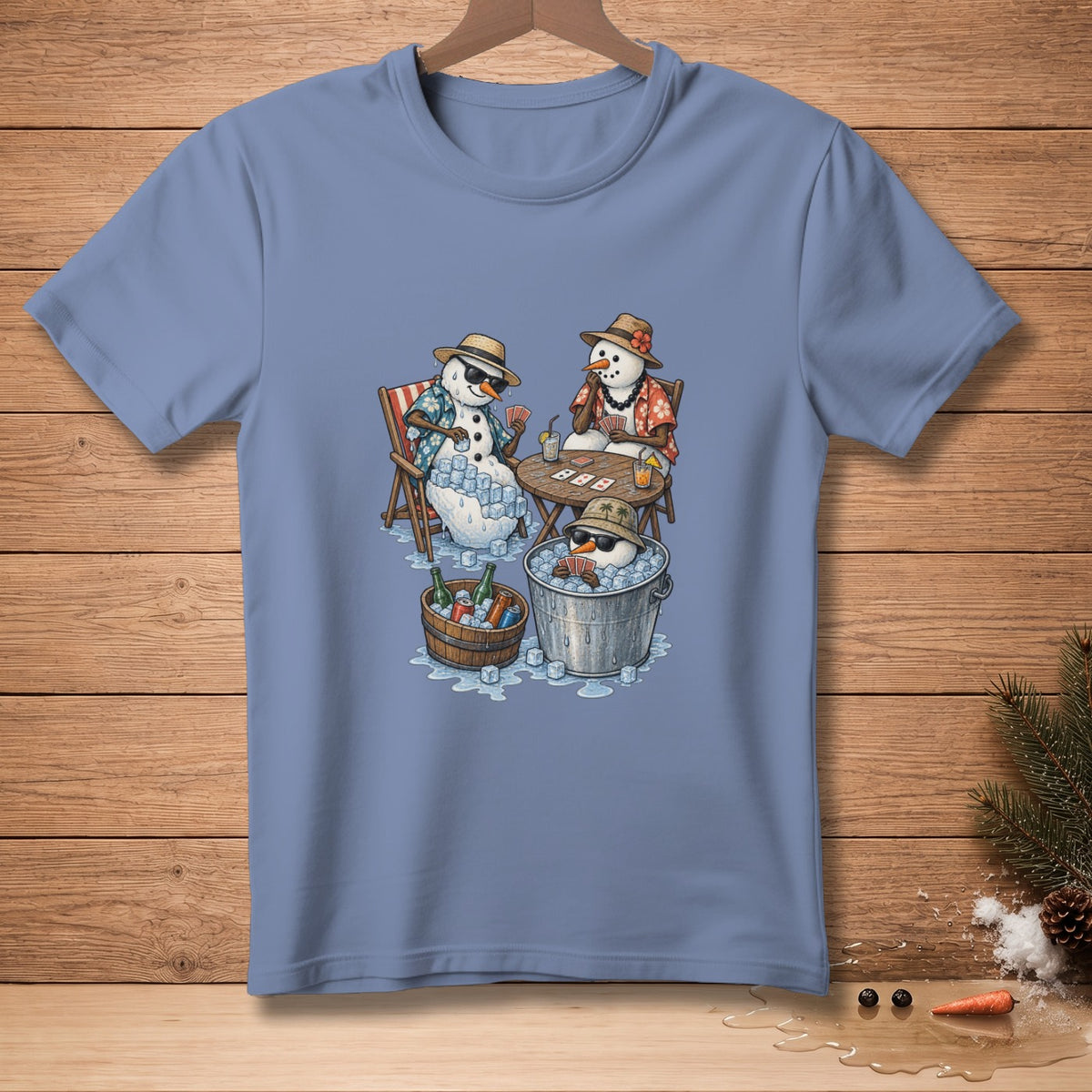 Snowmen playing poker with drinks and ice on a wooden background.