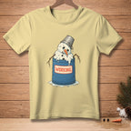 Yellow t-shirt with melting snowman in a blue bucket labeled "WORKING".