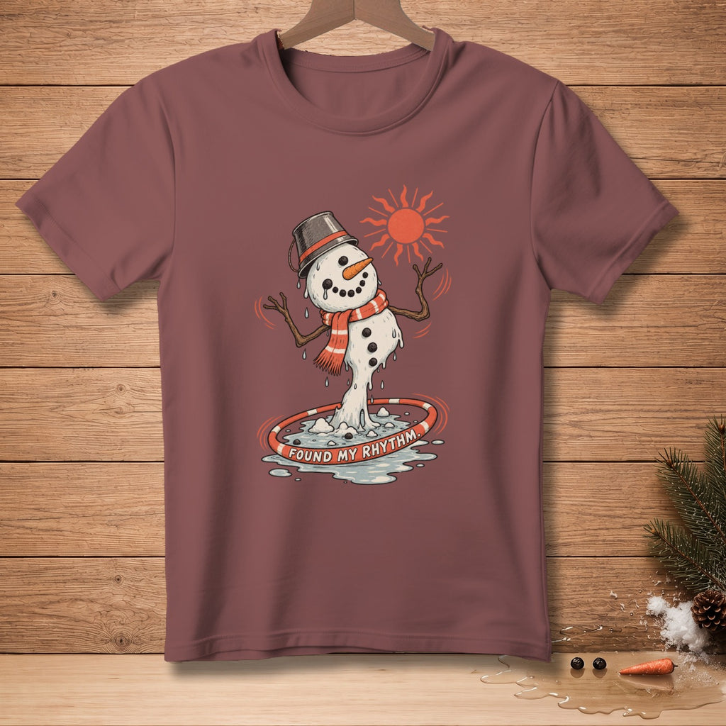 Melting snowman with a bucket hat hooping to the text "Found My Rhythm".