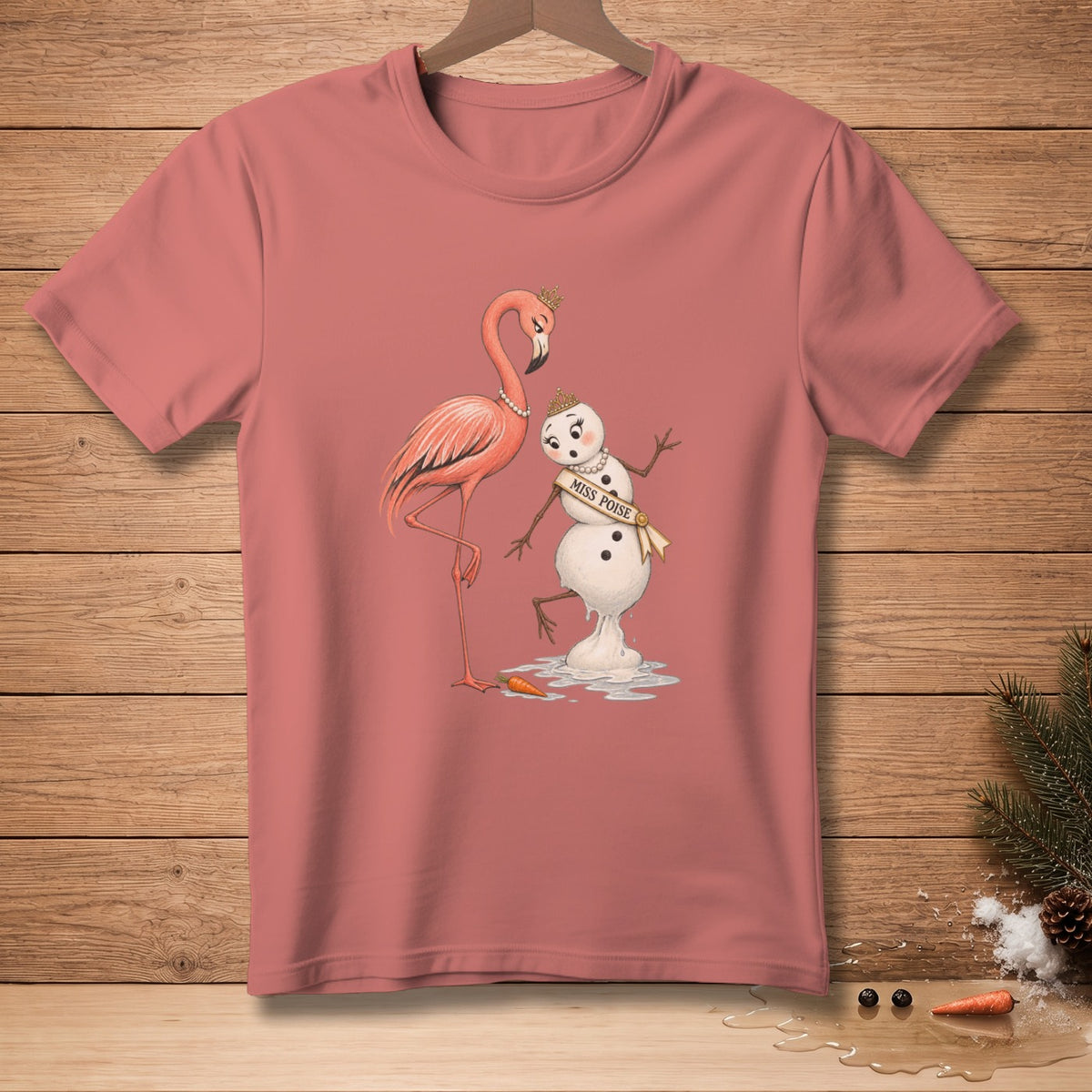 Pink t-shirt with flamingo and melting snowman wearing "Miss Poise" sash.
