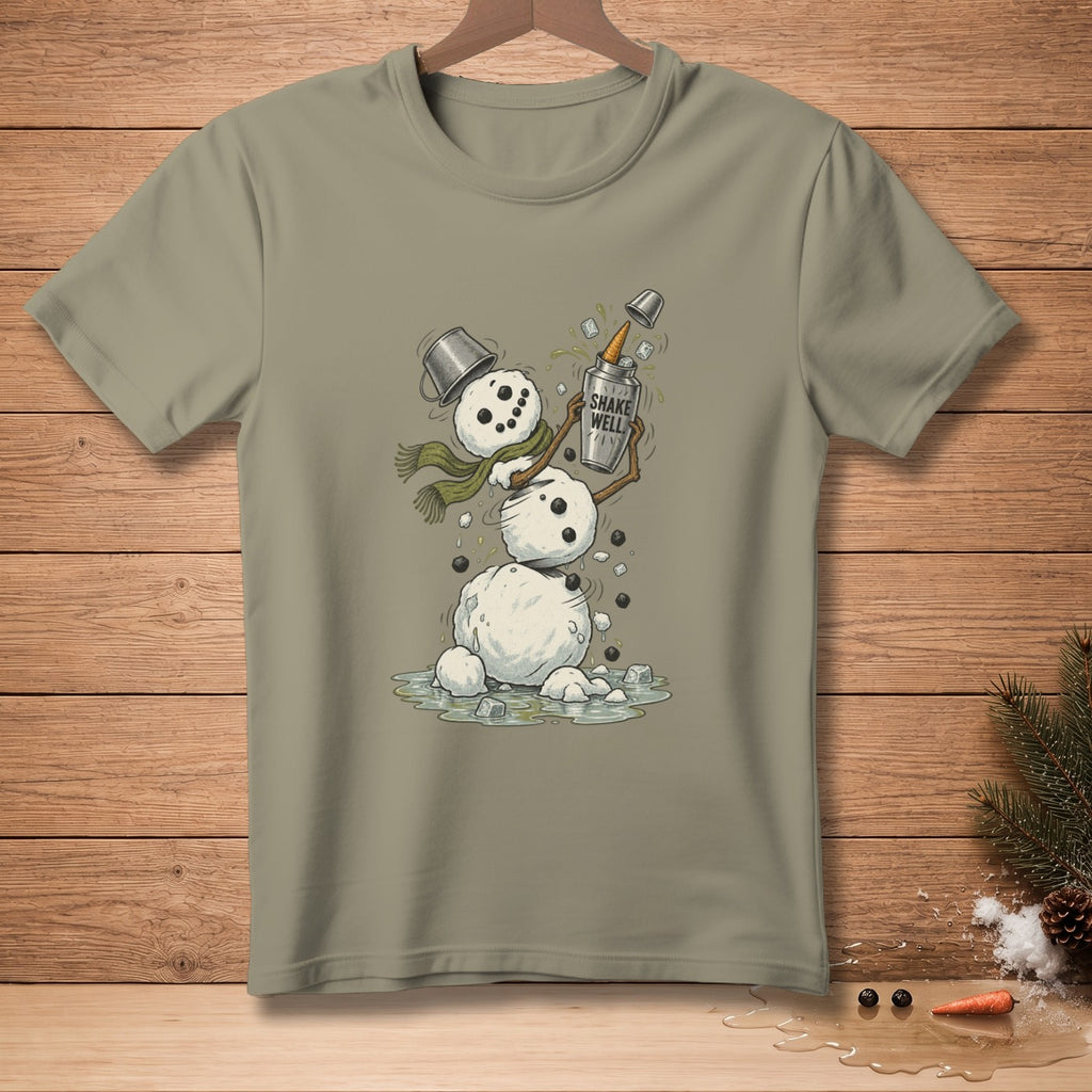 Snowman shaking a cocktail with text "SHAKE WELL" on the shaker.