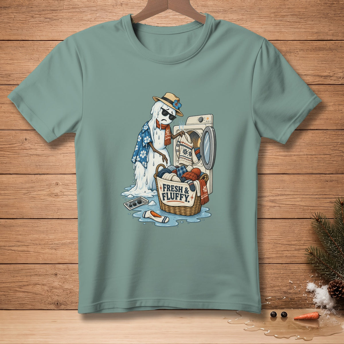 Melting snowman with laundry basket labeled "Fresh & Fluffy".