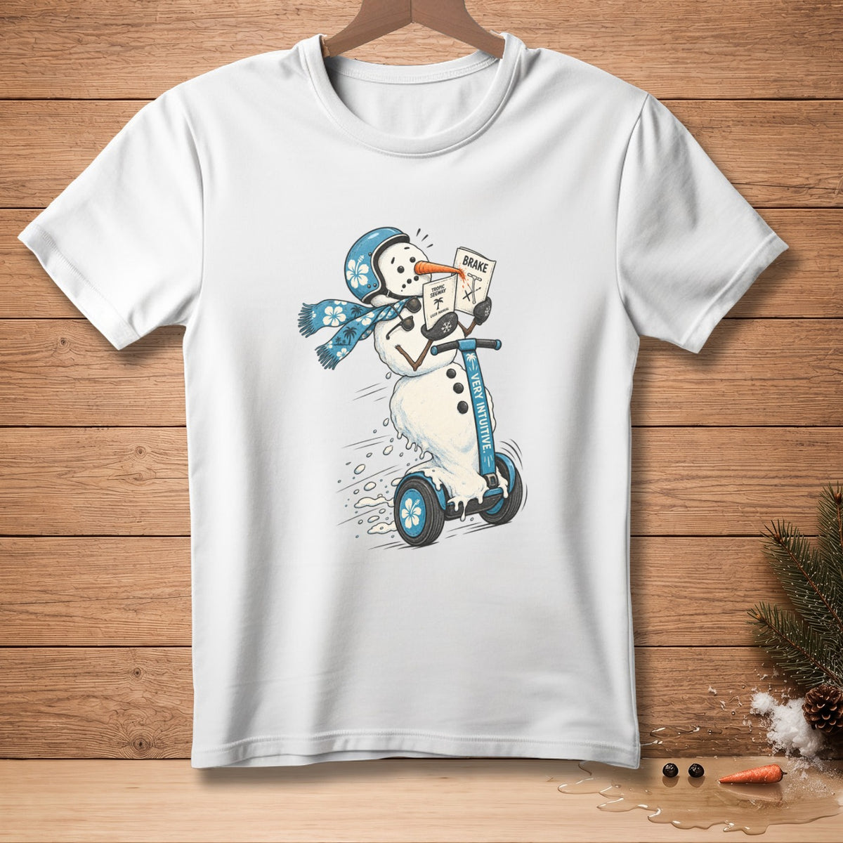 Snowman wearing a scarf and helmet riding a Segway and holding a "Brake" sign.