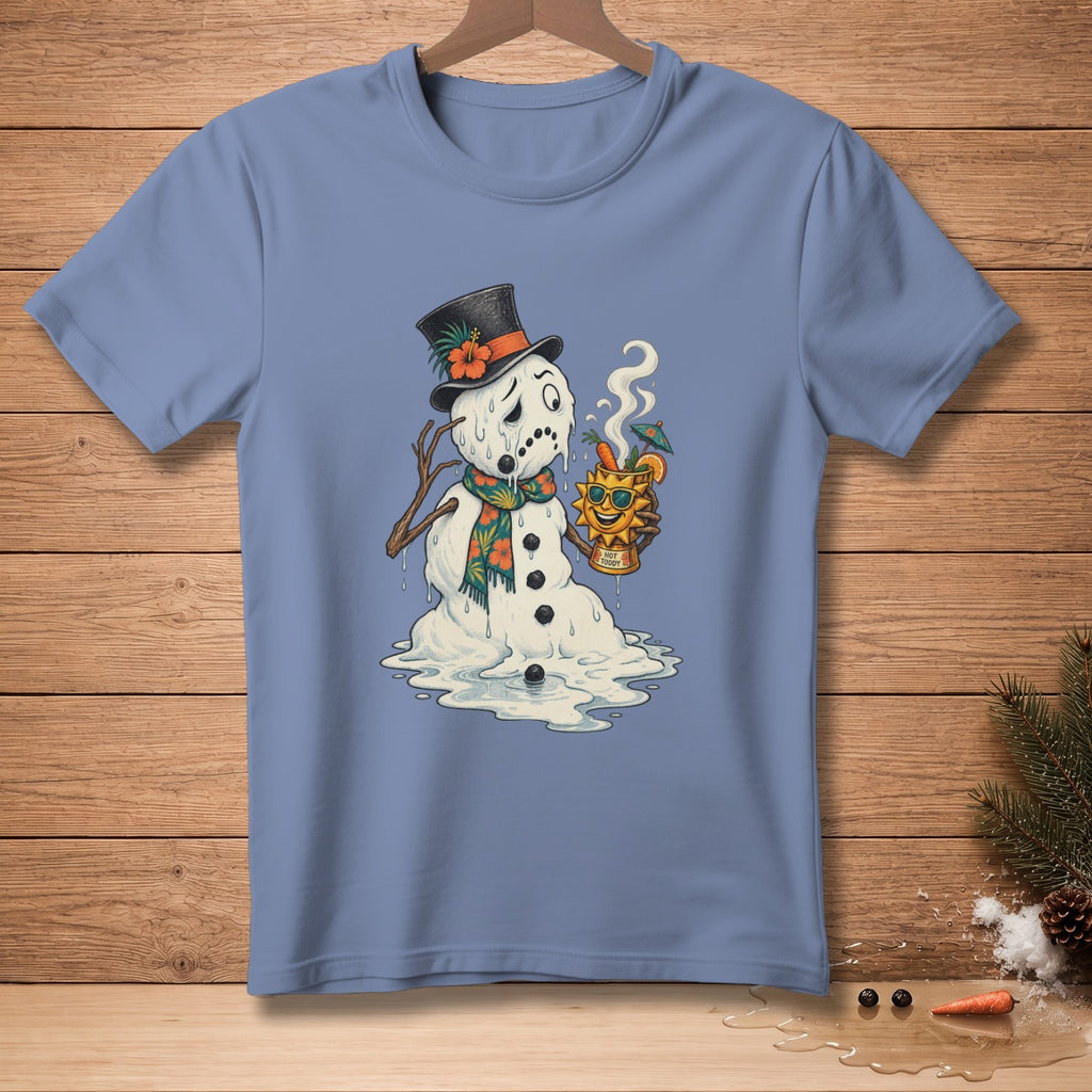 Melting snowman in a top hat and scarf holding a hot toddy with a sun face.