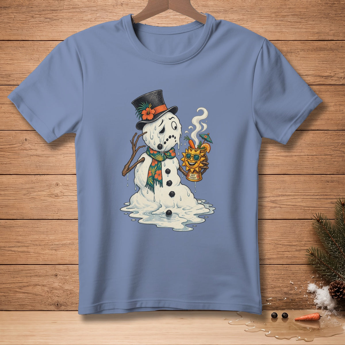 Melting snowman in a top hat and scarf holding a hot toddy with a sun face.