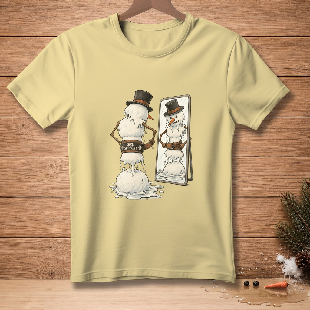 Snowman with "Core Support" belt looks in mirror at melting reflection.