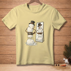 Snowman with "Core Support" belt looks in mirror at melting reflection.