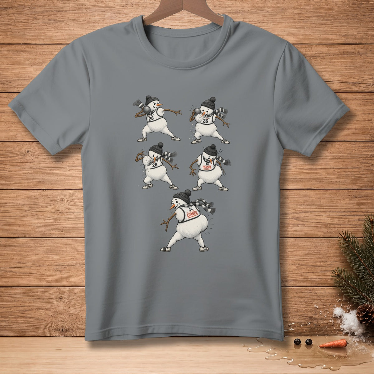 Gray t-shirt with five snowmen in athletic poses, wearing beanies and scarves.