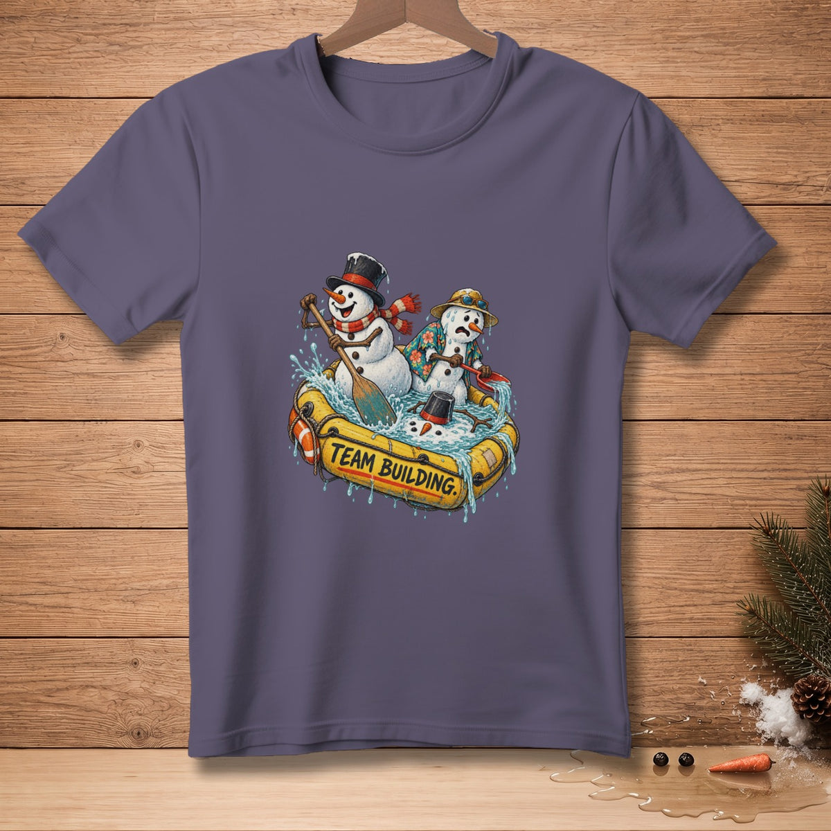 Three snowmen in a raft with "Team Building" text, water splashing.