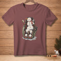 Snowman in massage chair with drink and "RELAXING" control panel.