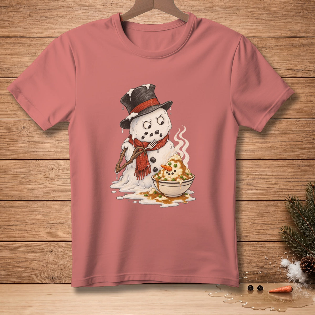Melting snowman in a hat and scarf eating mashed potatoes from a bowl.