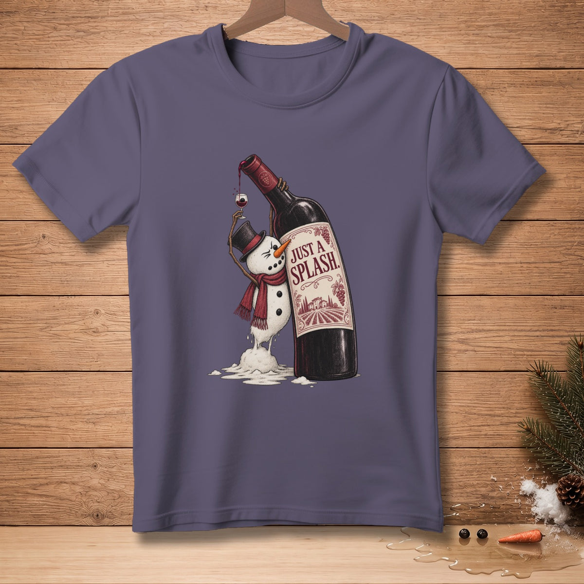 Purple t-shirt with melting snowman and wine bottle graphic reading "Just a Splash."