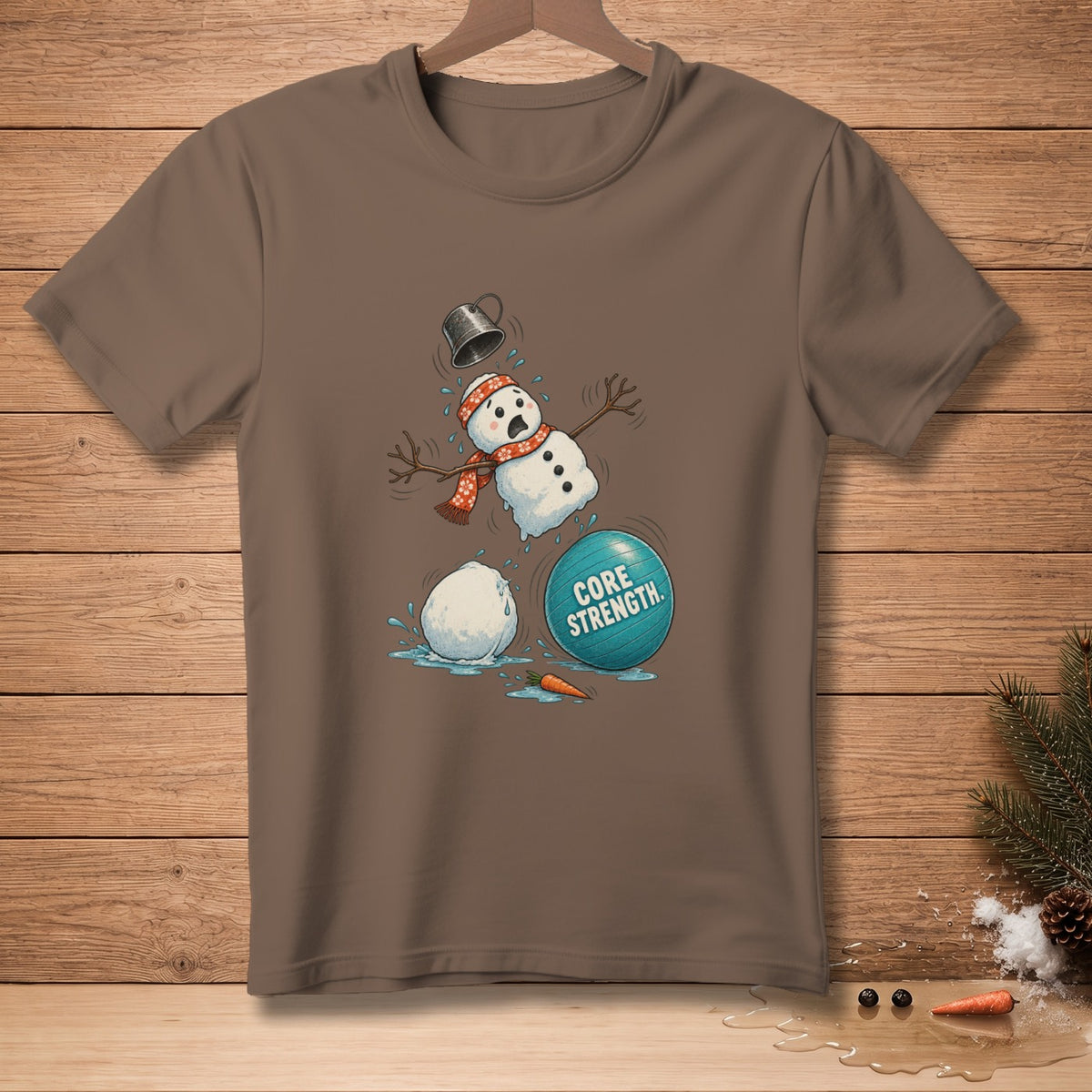 Snowman melting next to a "Core Strength" ball and a carrot.
