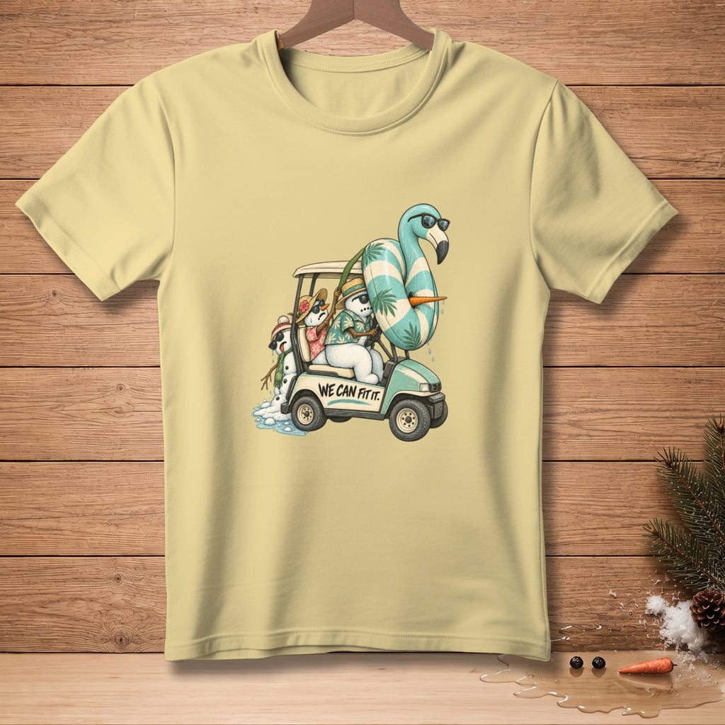 Snowmen in a golf cart with a flamingo float, text "We Can Fit It".