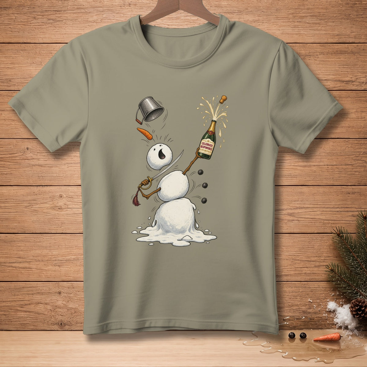 T-shirt with a melting snowman celebrating with a popping champagne bottle.